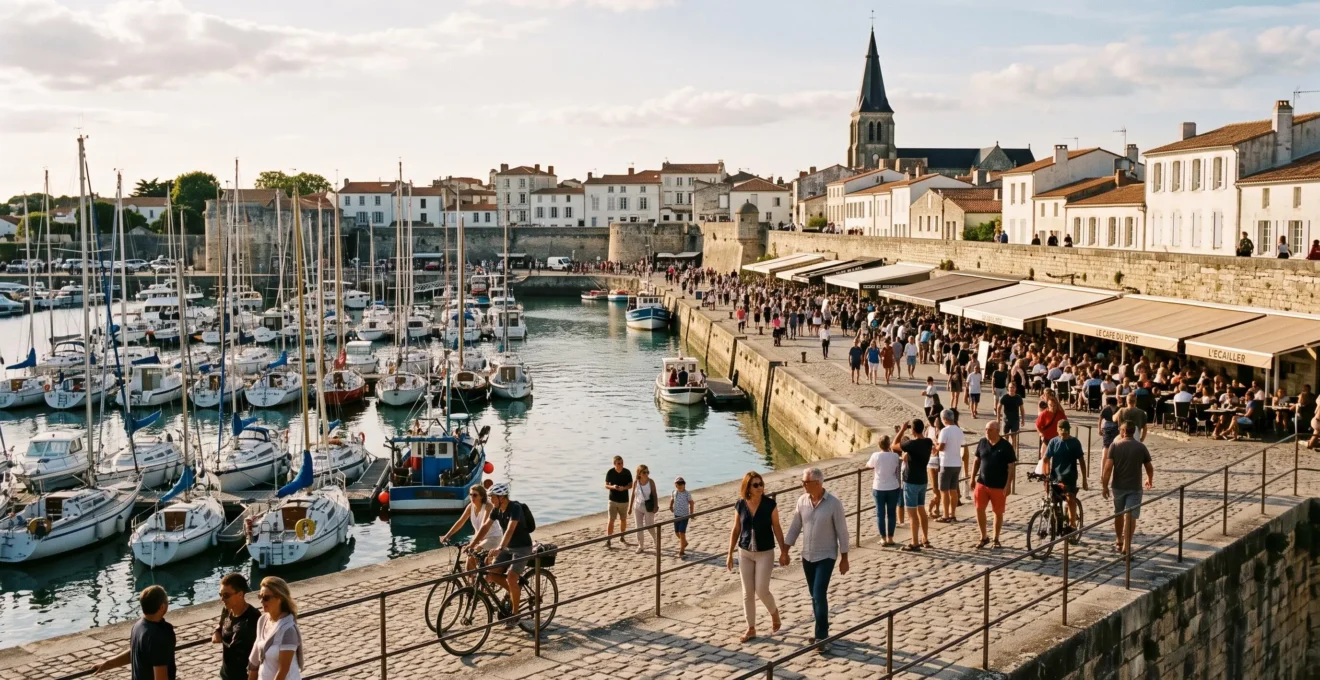 Visitors stroll along the busy harbour quayside and café terraces of Saint-Martin-de-Ré.