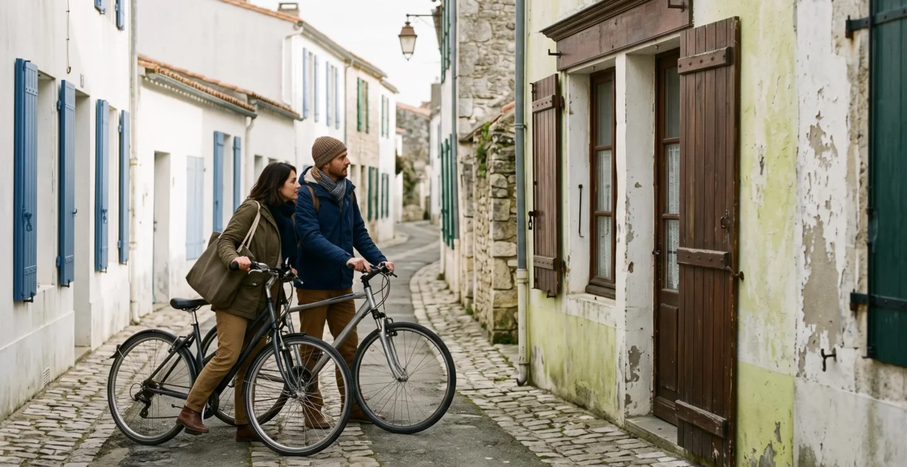 A couple with bicycles pause outside a closed shuttered shop on an out-of-season lane.