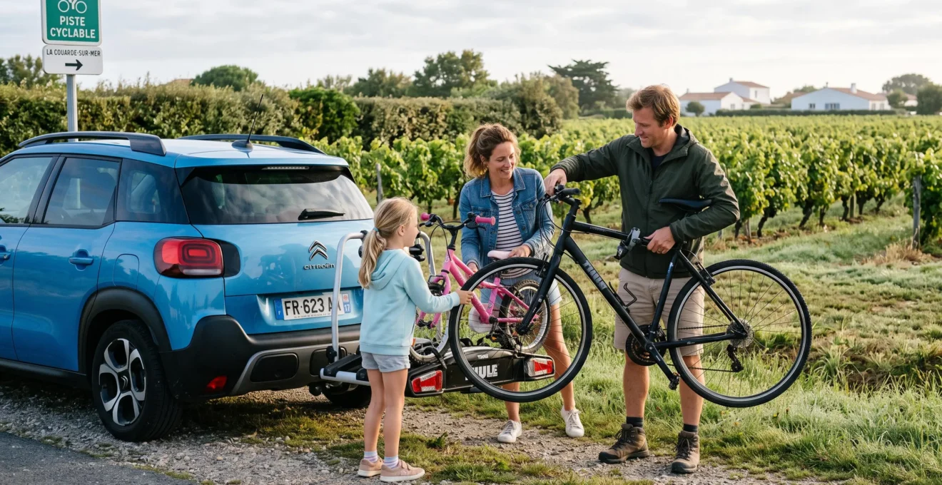 A family loads bicycles onto a car rack beside a vineyard cycle path in the morning.