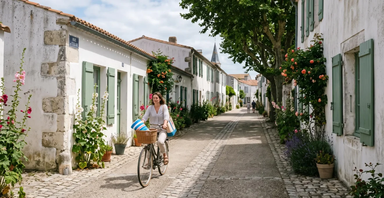 A quiet whitewashed street in La Couarde-sur-Mer with a cyclist passing shaded houses.